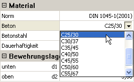 Materiál Volba normy V hlavní nabídce vyberte požadovanou normu: - DIN 1045 07-88 - DIN 1045-1(2001/2008) - ÖNorm B4700.