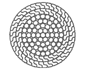 Polouzavřené vinuté lano: spirálové lano, mající vnější vrstvu ze střídavě polouzavřených (tvaru H) a kruhových drátů. Obr.
