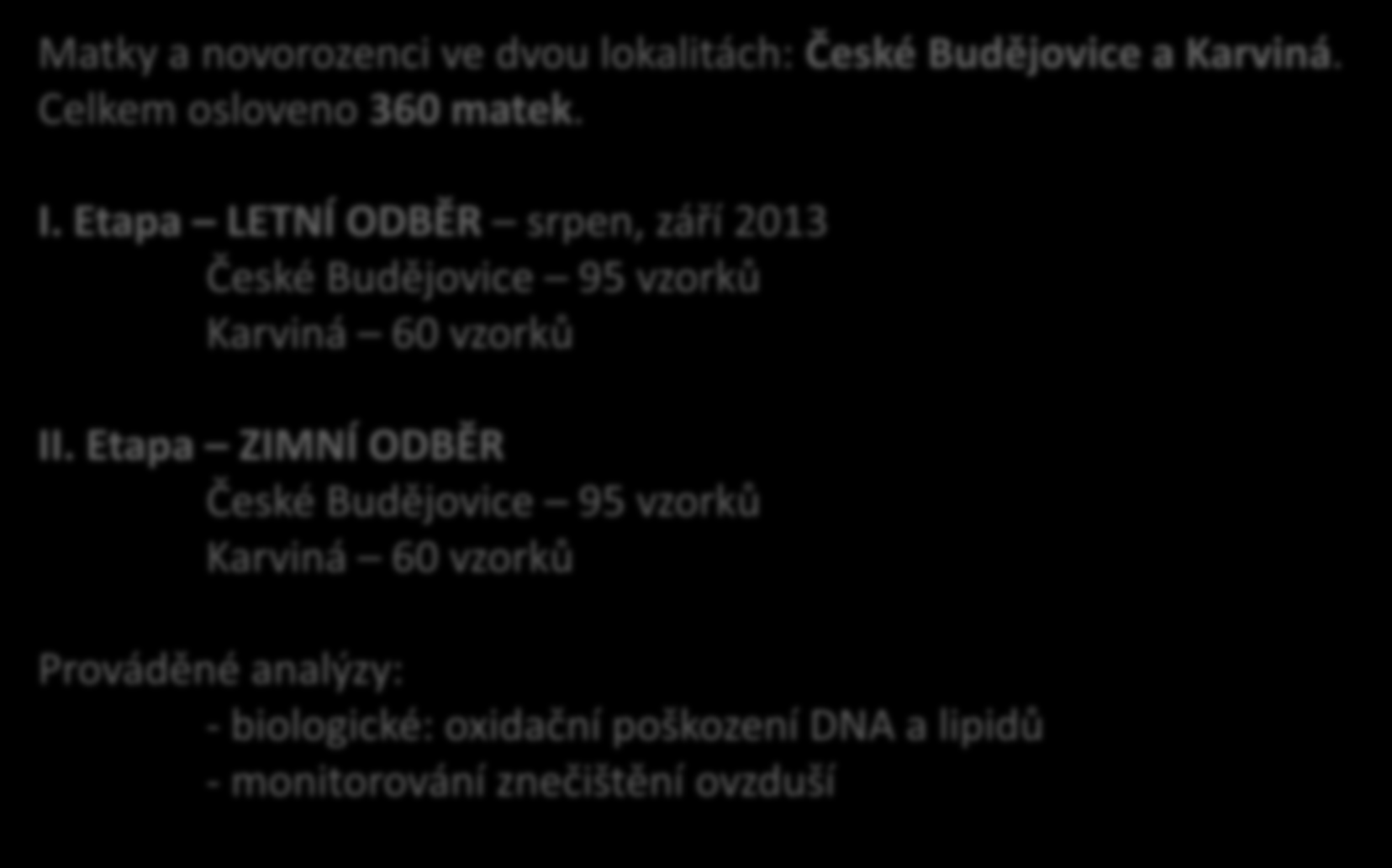 Organizace studie Matky a novorozenci ve dvou lokalitách: České Budějovice a. Celkem osloveno 360 matek. I.