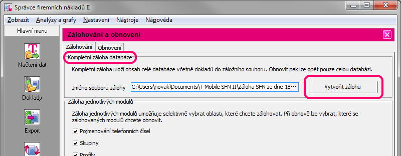 Nástroje 101 Soubor zálohy je nutné přenést na druhý počítač pomocí CD, DVD, flash, FTP, sdíleného adresáře na síti, apod.