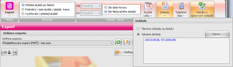 62 3.3.1 Filtr Filtr slouží k výběru zdroje dat a omezení dat určených k exportu. Filtr se nachází v ribbonu nad modulem. Filtr Obsah filtru (zleva) Modul - zpřístupňuje rychlé přepínání modulů.