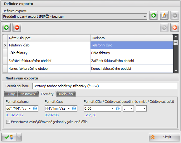 Hlavní moduly 3.3.2 63 Definice exportu Definice exportu obsahuje nastavení formátu a podoby výstupu celého exportu.