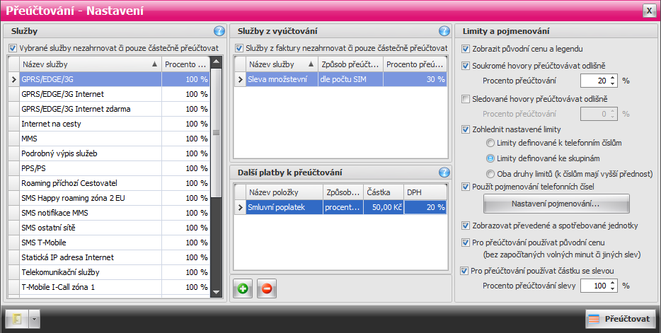 Hlavní moduly 73 Nastavení Služby Volba "Vybrané služby nezahrnovat či pouze částečně přeúčtovat" zapíná/vypíná možnost nastavení procenta přeúčtování jednotlivých služeb uživatelem.