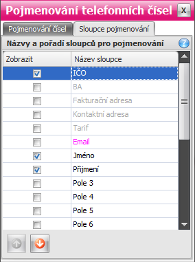 Nastavení 89 Seznam sloupců pojmenování. První sloupec obsahuje zatrhávací pole, které určuje, zda se daný sloupec bude nabízet pro pojmenování.