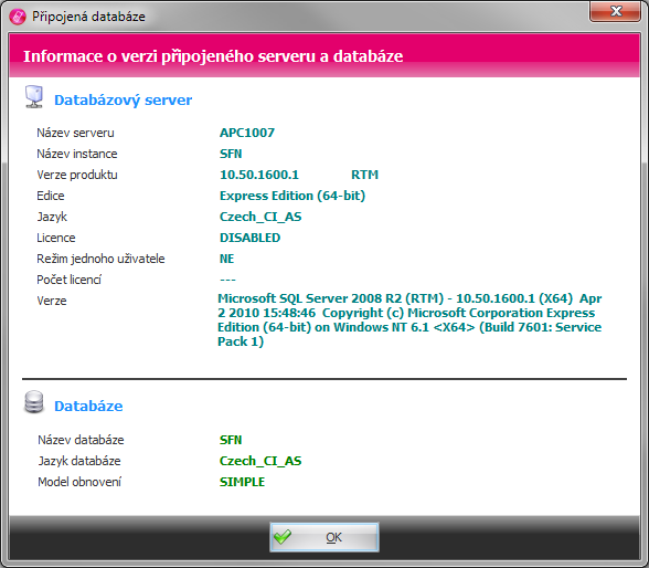 Nástroje 95 Zátěž databáze Připojená databáze Zobrazuje podrobné informace o připojené databázi a SQL Serveru. Připojená databáze Nastavení připojení k databázi Umožňuje nastavit připojení k databázi.