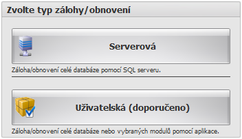 Nástroje 97 Výběr operace Typ zálohy/obnovení V dalším kroku je nutné zvolit typ zálohy nebo obnovení. Typy záloh nejsou vzájemně kompatibilní, tzn.