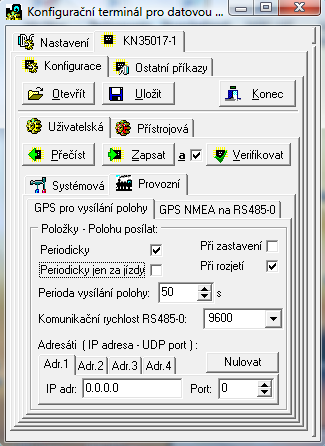 Na datové kartě běží aplikace Poloha, která: Odesílá data o poloze dle KS 800 92 konfigurace z PC (vzdálený přístup pomocí GPRS) - podprahová rychlost - časová