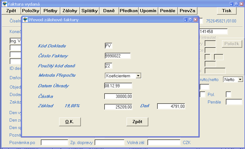 V dialogu se zadá kód příslušné daně (např.