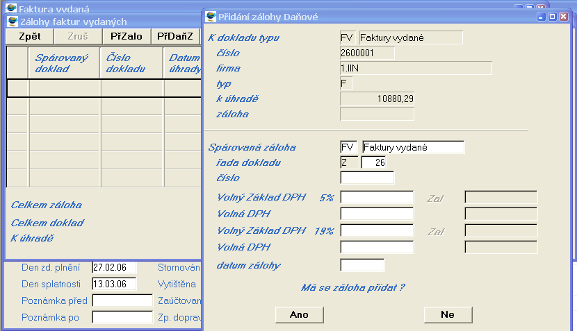 tak i daňové (buton PřDaňZ). V případě připárování daňové zálohové faktury se doplní do daňových položek vyúčtovací faktury daňové položky zálohové faktury s minusovým znaménkem.