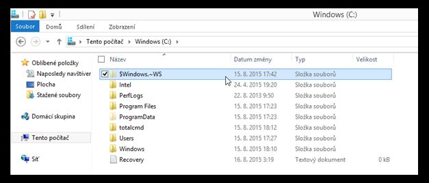 f) označte složku $Windows.~WS g) dlouhým dotykem nebo pravým tlačítkem myši vyvolejte na složce $Windows.