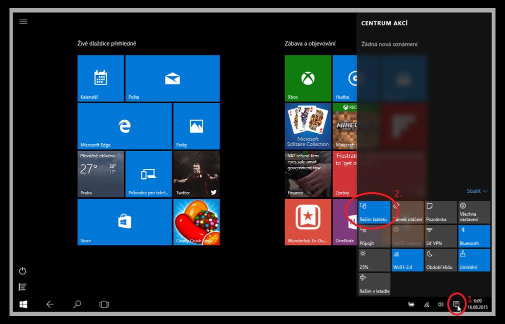 Windows 10 Tablet Mode Po instalaci Windows 10 se systém standardně přepne na Tablet mód. Ovládaní tabletu je potom trochu odlišné oproti původnímu systému.