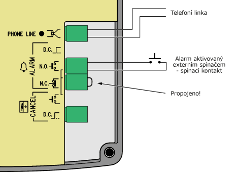 Zapojení tlačítka ALARM se spínacím kontaktem