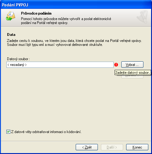 7.2. Datový soubor Další formulář "Průvodce podáním"s názvem "Data" slouží k výběru datového souboru ve formátu.xml s daty za příslušní měsíc. Tento.xml soubor vytvoříte ve Vašem mzdovém softwaru.