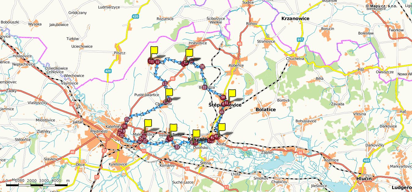 Trasa č. 2 Služovice Oldřišov Chlebičov Malé Hoštice Velké Hoštice Kravaře Štěpánkovice Služovice Délka trasy: 33.7 km; Čas trasy: 01:55:29; Stoupání: 292 m; Klesání: 292 m; Minimální nadm.