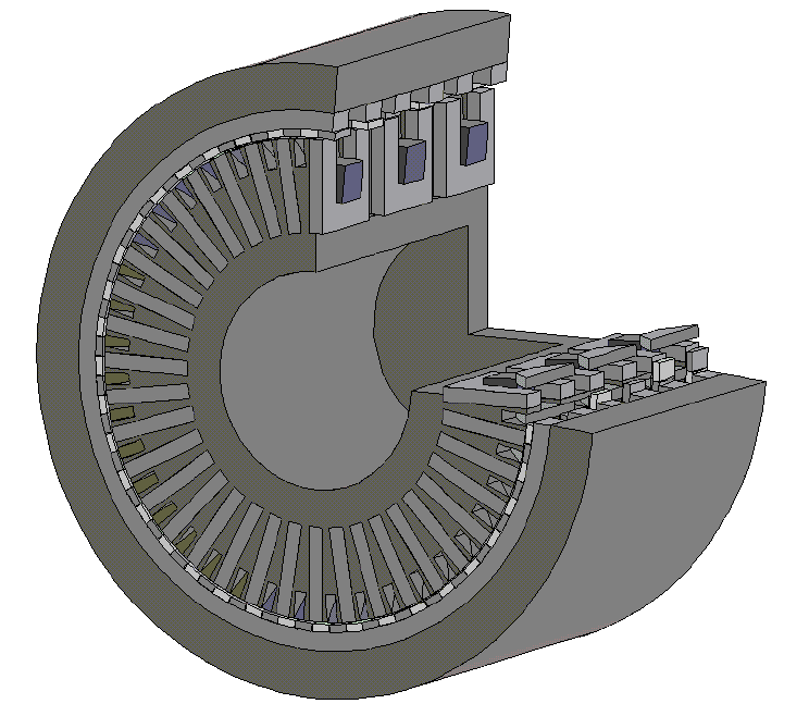 Obr. 3.7 Lineární motorek s transverzálním tokem s magnety na povrchu Stator TFM je tvořen U a I-jádry, která jsou vyrobena z důvodu omezení ztrát v železe z isolovaných plechů.