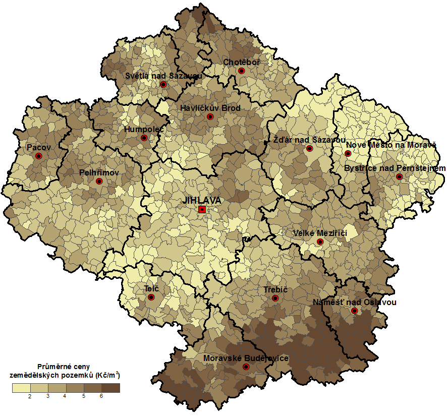 2 Obr. 6.4.5:Průměrné základní ceny zemědělských pozemků (Kč/m ) dle katastrálních území Kraje Vysočina k.. 203 Pozd.: Ve znění pozdějších úprav zákona Zdroj dat: Vyhláška 42/2008 Sb.