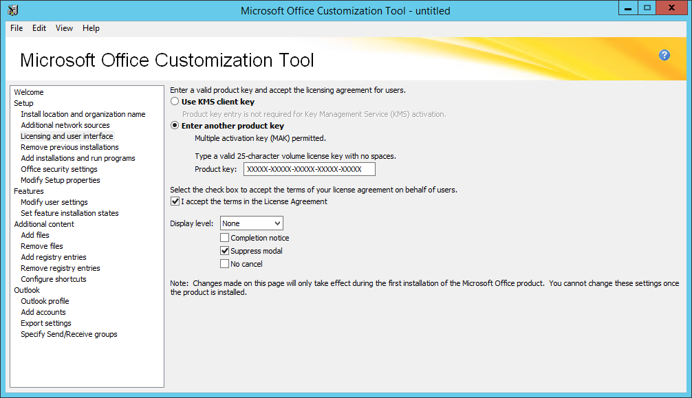 Nastavení Office Customization Tool Obrázek 18: Prostředí Microsoft OCT zadání názvu organizace (Autocont) odsouhlasení licenčních ujednání, aby se nezobrazovalo při instalaci potlačení zobrazení GUI