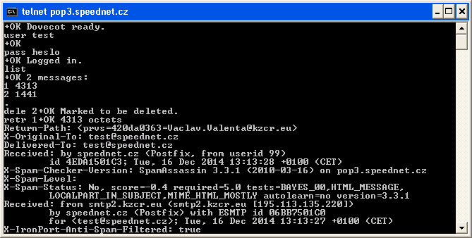 Obrázek 73 - Příklad komunikace klienta s MDA Zdroj vlastní konstrukce Komunikace s poštovním MDA serverem lze zkušebně zahájit příkazem telnet jméno_pop_serveru 110 (číslem 110 je definován port pro
