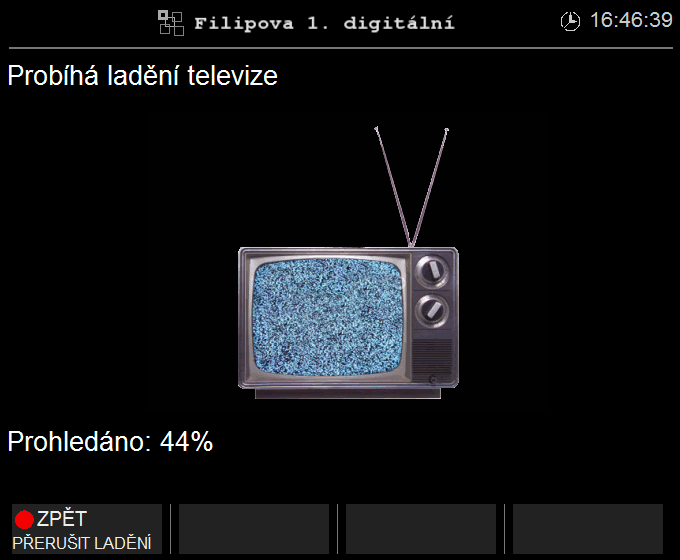 D.5 Průběh vyhledávání televizních kanálů ného kanálu. V dolní liště je opět zobrazen popis operací zpět, oblíbené a nápověda ovládaných červenou, žlutou a modrou klávesou. Obr. D.