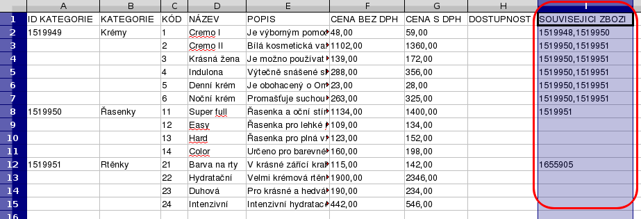 Import položek Při importu je potřeba mít v importovaném souboru sloupec s názvem SOUVISEJICI ZBOZI.