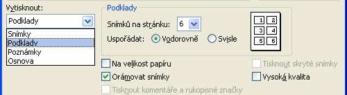 tiskneme pouze texty jednotlivých snímků Poznámky tisk poznámek ke snímkům Volba tiskárny Volba rozsahu tisku (všechny snímky nebo jen část prezentace) Nastavení počtu kopií