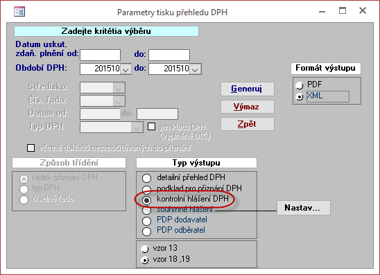 Kontrolní hlášení DPH 7 Kontrolní hlášení DPH - export do XML Tlačítkem XML.