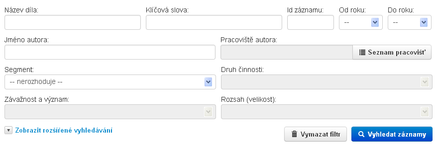 8 Hledání 8.1 Hledání uměleckých výstupů 8.1.1 Filtr pro hledání uměleckých výstupů Hledání Hledat umělecké výstupy tento odkaz v menu vede na formulář s filtrem pro vyhledávání v uměleckých výstupech (Obr.