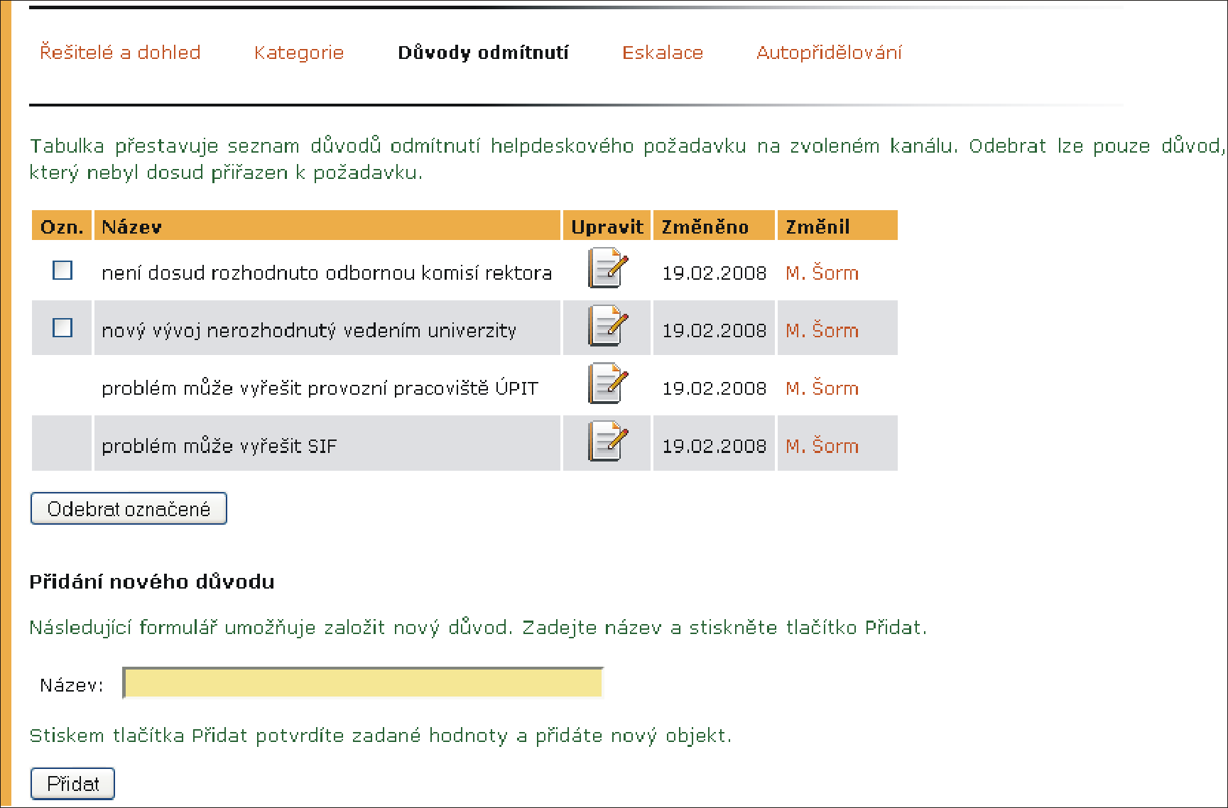 1 HELPDESK PRO UIS Obrázek 4 Nastavení kategorií požadavků Obrázek 5 Nastavení důvodů zamítnutí požadavku Od okamžiku zadání požadavku je počítána doba do první reakce přidělení úkolu.