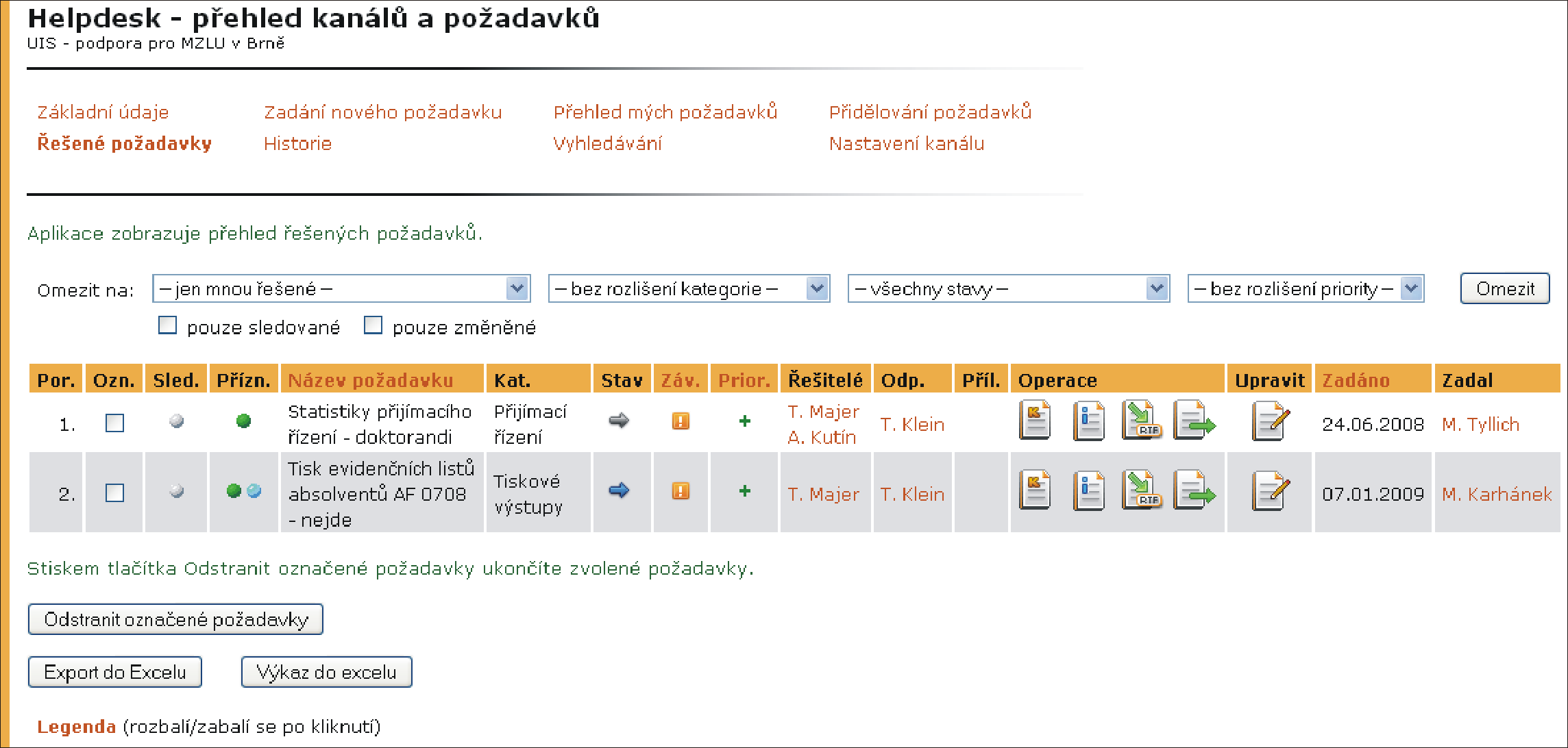 1 HELPDESK PRO UIS podle závažnosti, priority a data zadání požadavku. Dále je možné seznam exportovat do MS Excel nebo vygenerovat výkaz do MS Excel. Význam jednotlivých sloupců seznamu: Ozn.