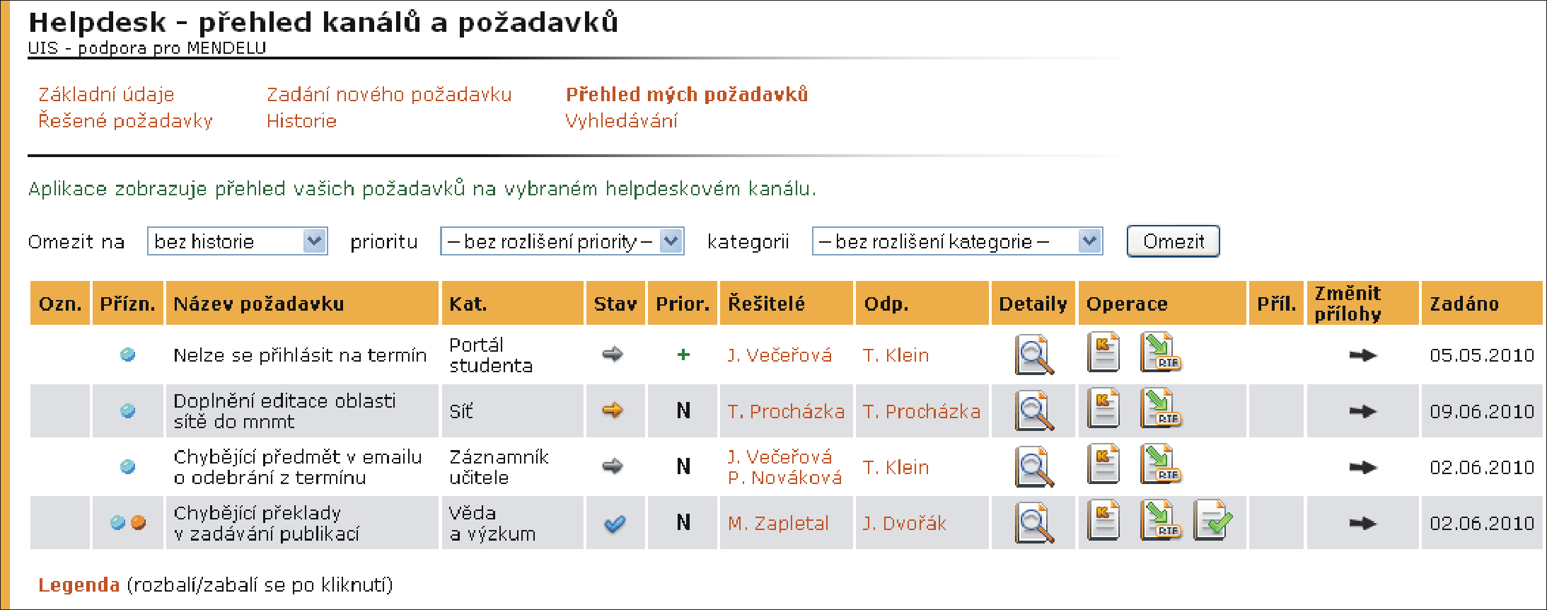 2 HELPDESK PRO AIS kliknutím na odkaz Legenda umístěný pod seznamem požadavků.