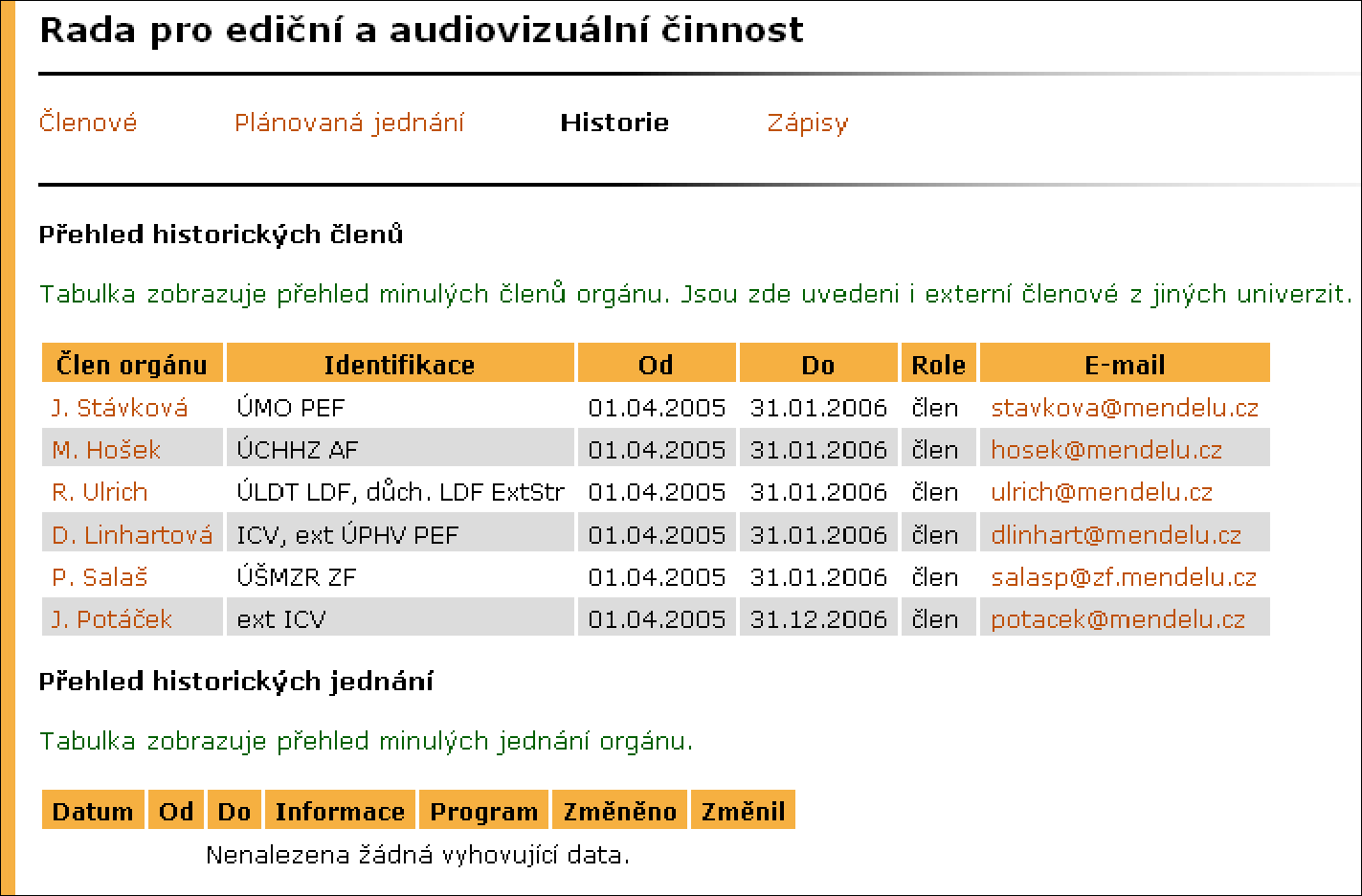 3.3 Přehled historických členů a jednání 3 PORTÁL ČLENA ORGÁNU Aplikace Historie zobrazuje přehled členů, jejichž členství již bylo ukončeno, bez ohledu na to, zda se jednalo o interní nebo externí