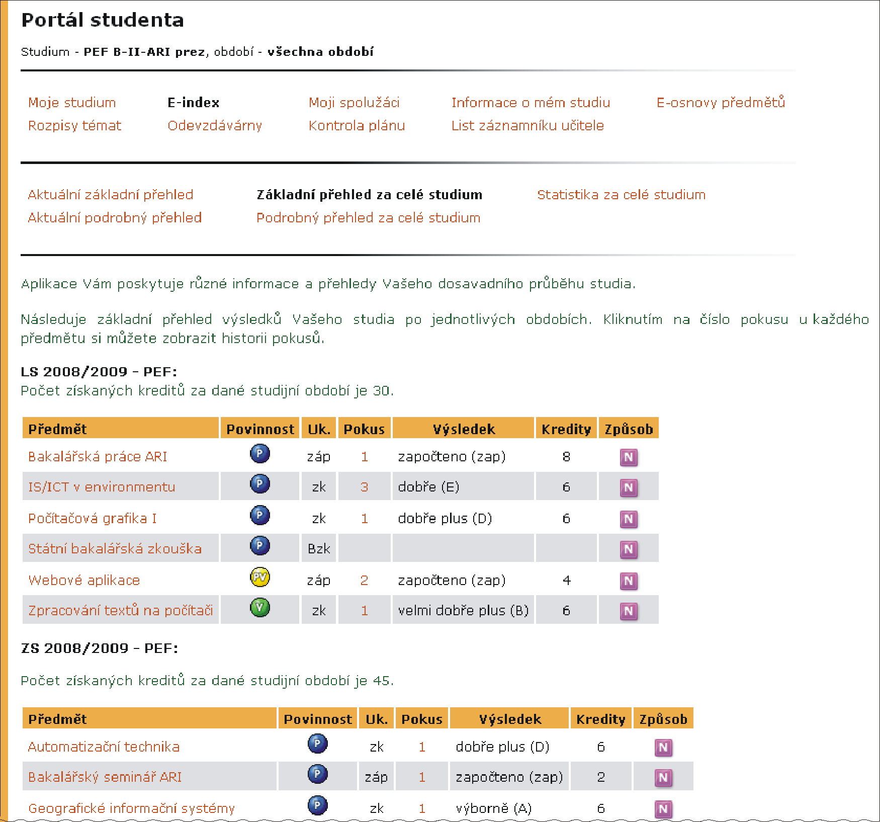 Obrázek 6 Základní přehled studovaných předmětů za celé studium Aktuální základní a podrobný přehled Po vstupu do aplikace je zobrazen podrobný aktuální přehled studovaných předmětů Aktuální podrobný