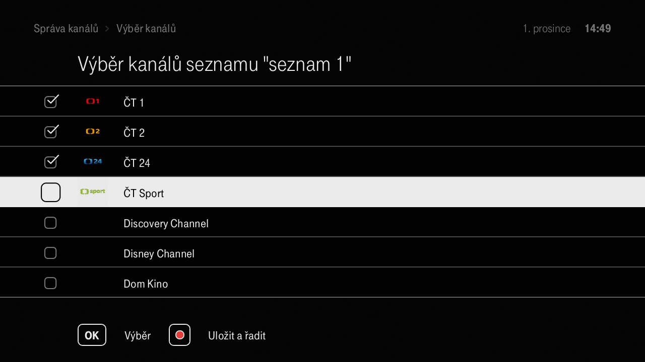 Na obrazovce si vyberete seznam kanálů, které chcete do seznamu zařadit.