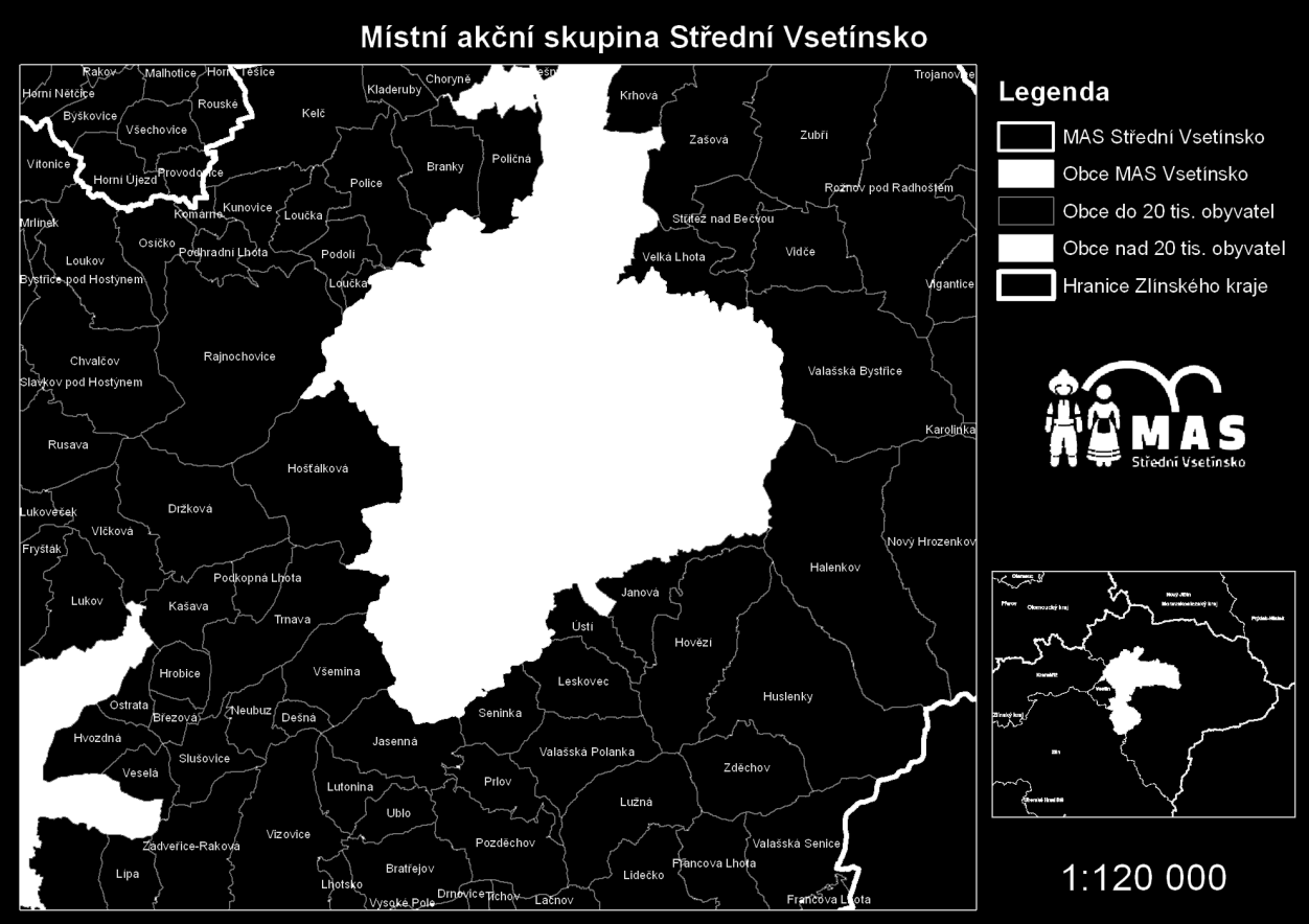 Obrázek 2, Území MAS Střední Vsetínsko Hustota osídlení MAS Střední Vsetínsko je 57 obyvatel na km 2 (data ČSÚ, 31. 12.