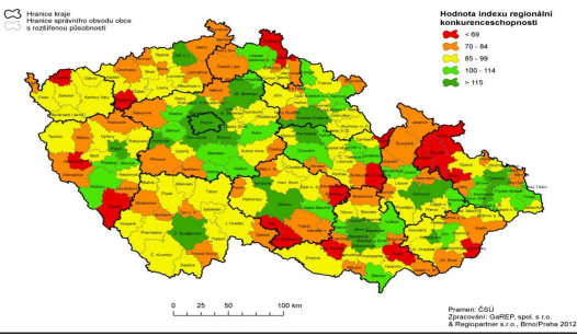 Mapa č. 7 Typologie krajů ČR z hlediska regionální konkurenceschopnosti Zdroj: www.mmr.cz Strategie regionálního rozvoje ČR 2014-2020 (Pramen: ČSÚ) Mapa č.