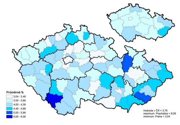 Pracovní neschopnost Mapa č. 9 Mapa ČR po krajích a okresech - Průměrné procento pracovní neschopnosti celkem v roce 2010 Zdroj: http://www.czso.cz/csu/2010edicniplan.