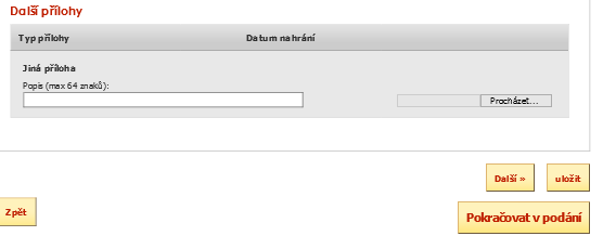 Žadatel se přesune (pomocí tlačítka Pokračovat v podání) na další stranu k podání žádosti.