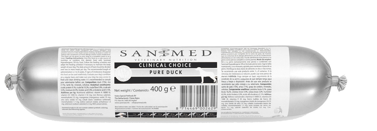 SANIMED Clinical Choice Pure Duck Specifikace Čistá kach obsahuje jen jediný zdroj živočišného proteinu: kachnu lze použít jako elimiční krmivo pro zjištění zda je váš pes přecitivělý nebo nesnáší
