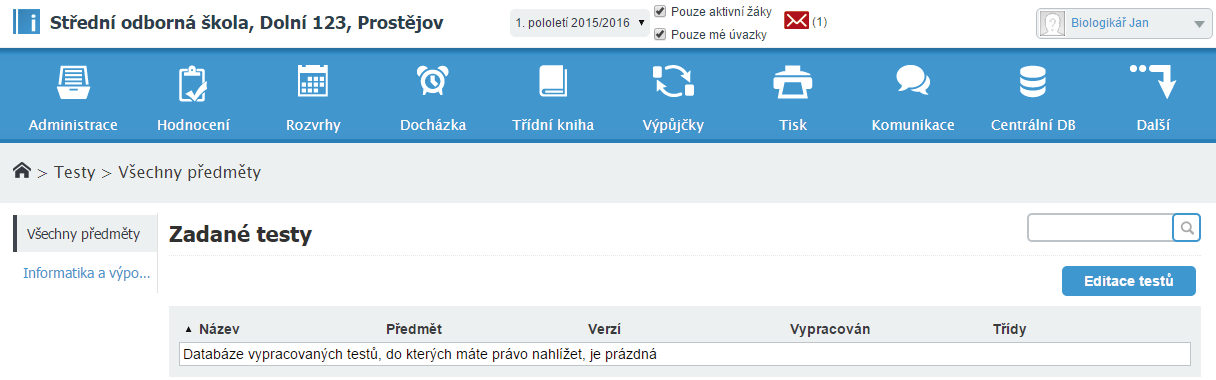 Přístupová práva k testům Záleží na typu uživatele: Učitel vyučujícímu se zobrazí prostředí testu s nástroji pro jeho editaci, zadávání žákům k vypracování a nástroji pro vyhodnocení (podle toho, zda