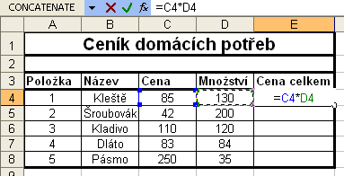 4. ZPRACOVÁNÍ ČÍSELNÝCH DAT VE VZORCÍCH Cíl: Naučit se pracovat se vzorci. Sestavení vzorce: Každý vzorec začíná symbolem rovnítka = Příklad vzorce: = A2 + B2 + C2 + D2 kde znaménko + je tzv.