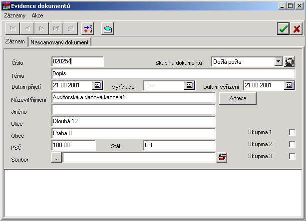 Domovník klient 121 Evidence dokumentů V této evidenci můžete evidovat veškerou dokumentaci pro svojí práci. Můžete zde zapisovat došlou poštu, odeslanou poštu, smlouvy a další.