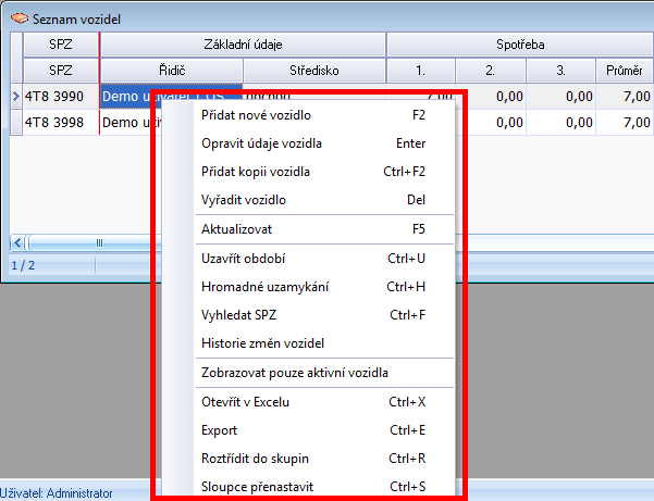 Nastavení vozového parku Pokud chcete k danému vozidlu (kliknete na příslušný řádek) doplnit nějaké informace, zvolte na vybraném řádku kliknutí pravým tlačítkem zobrazíte nabídku.