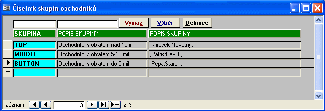 Modul Číselníky 10 VÝMAZ DEFINICE Provede výmaz všech výběrových polí tvořící výběrová kritéria. Otevře se seznam obchodníků pro přidělení do vybrané skupiny. Tlačítkem ULOŽ uložíte změny v záznamu.