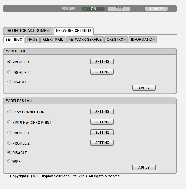 3. Praktické funkce NASTAVENÍ SÍTĚ NASTAVENÍ WIRED nebo WIRELESS SETTING APPLY DHCP ON DHCP OFF IP ADDRESS SUBNET MASK GATEWAY WINS AUTO DNS ON AUTO DNS OFF Nastavení pro WIRED LAN PROFILE 1/PROFILE