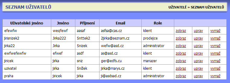 Na této stránce naleznete seznam uživatelů spolu se základními informacemi o každém uživateli a odkazy pro: zobrazení informací o
