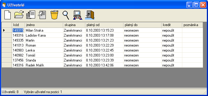 3. UŽIVATELÉ Pro zobrazení seznamu uživatelů je zapotřebí vybrat v menu Uživatelé podmenu zobrazit. Otevře se okno Uživatelé. Význam jednotlivých ikon: Obr. 13.