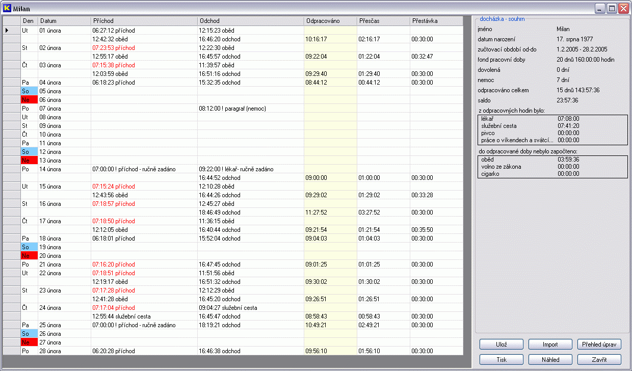 5.2 ZPRACOVÁNÍ DOCHÁZKY Po zvolení podmenu pro zaměstnance se nejprve zobrazí dialog s výzvou k zadání jména zaměstnance a období, ve kterém je požadováno zpracovat docházku.