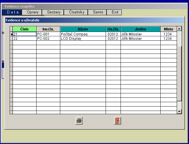 13 3.7.1. Evidenční sklad : Přehled majetku v evidenčním skladu. Přehled lze vytisknout tlačítkem. 3.8.1. Evidence u uživatele : Formulář zobrazuje evidenci majetku u jednotlivých uživatelů.