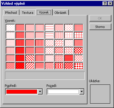 Obrázek 8: Dialogové okno pro nastavení barvy výplně Lze také definovat vzhled výplně. Obrázek 9: Dialogové okno pro nastavení vzhledu výplně Používání vzorku (šrafy apod.