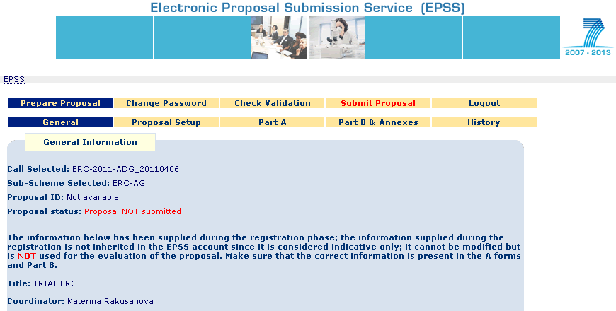 Podávání návrhu projektu - EPSS Pouze elektronické podávání návrhu projektu, přes EPSS (Eletronic Proposal submission Service) Část